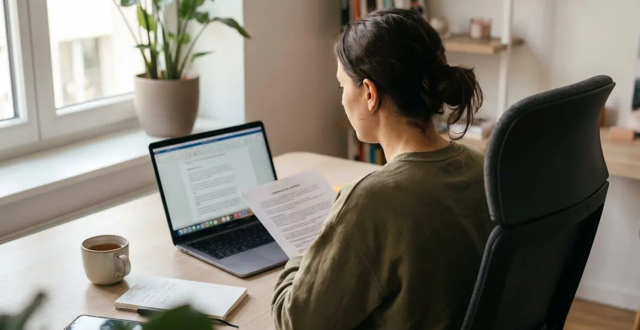 Vue par-dessus l'épaule d'un consultant indépendant consultant des documents de contrat et une simulation financière sur l'écran d'un ordinateur portable à son bureau à domicile