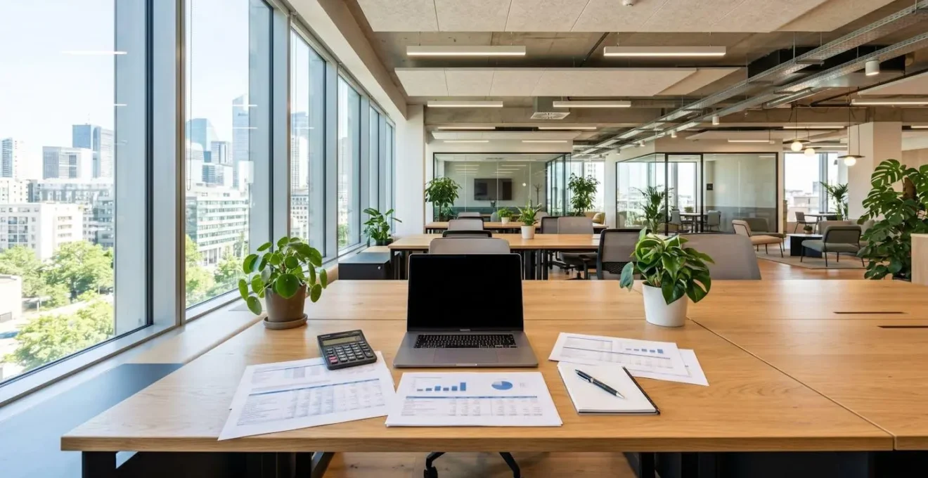 Bureau vide dans un espace de coworking contemporain avec des feuilles de calcul financier et une calculatrice posées sur la table en bois, lumière naturelle abondante provenant de grandes fenêtres
