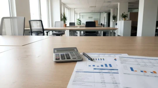Bureau vide dans un espace de coworking contemporain avec des feuilles de calcul financier et une calculatrice posées sur la table en bois, lumière naturelle abondante provenant de grandes fenêtres