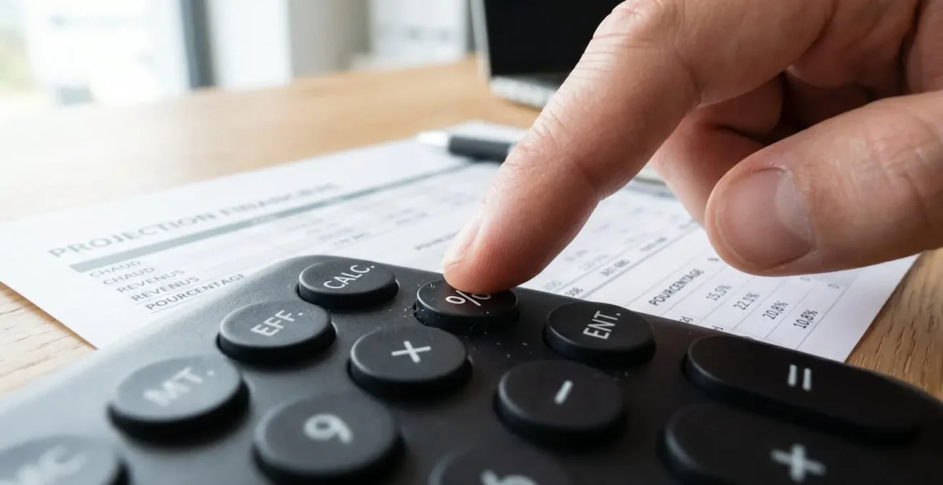 Gros plan sur les touches d'une calculatrice avec un doigt appuyant sur une touche, feuille de calcul avec pourcentages floue en arrière-plan sur un bureau blanc