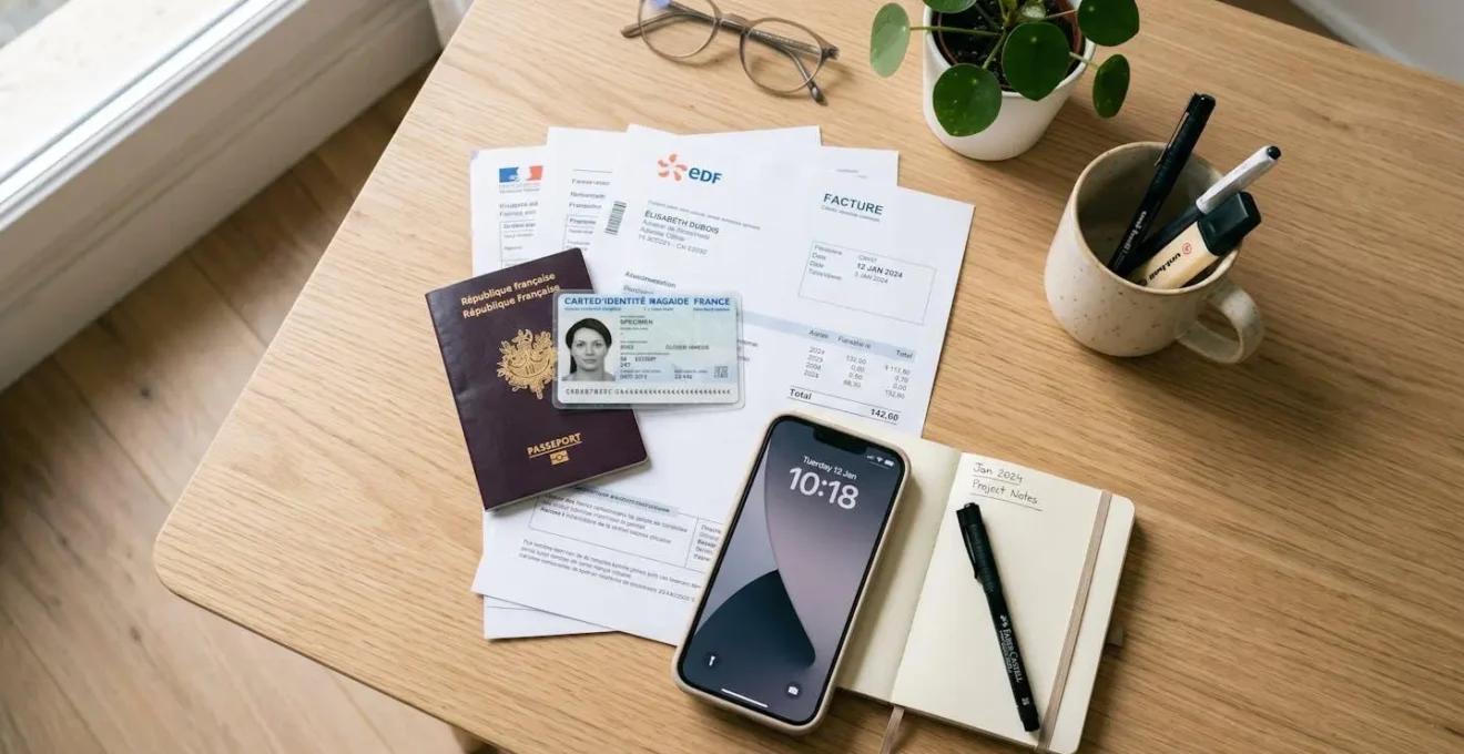 Documents administratifs pour ouverture compte professionnel posés sur un bureau