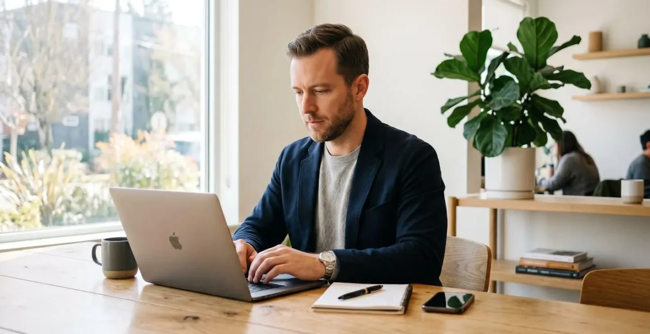 Entrepreneur travaillant sur ordinateur portable pour ouvrir un compte professionnel en ligne