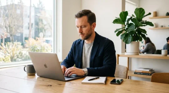 Entrepreneur travaillant sur ordinateur portable pour ouvrir un compte professionnel en ligne