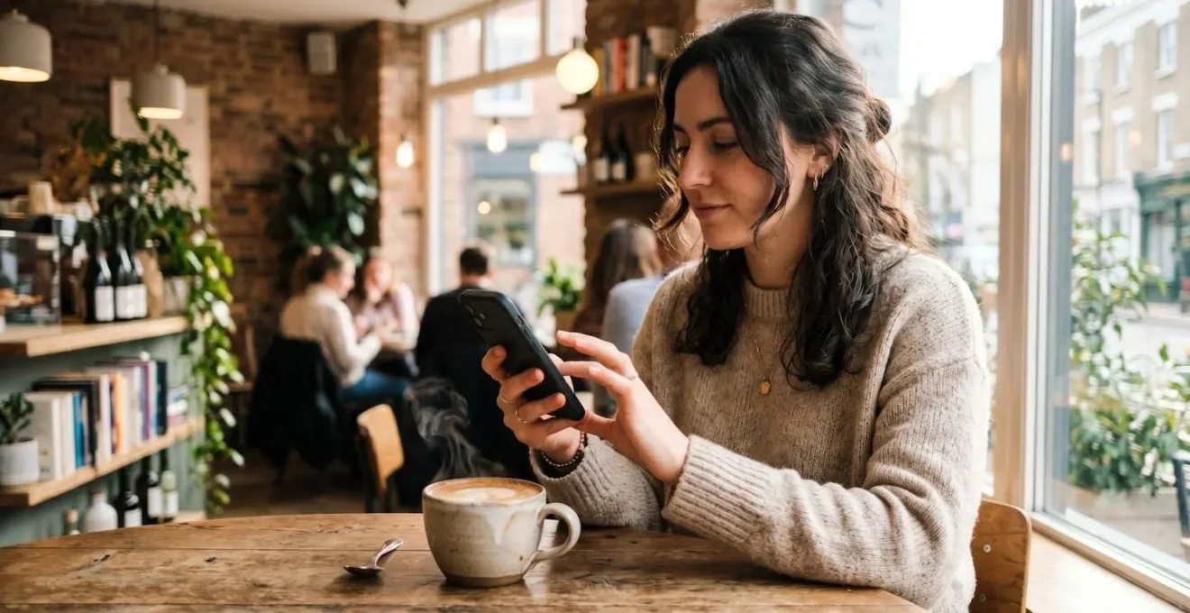 Entrepreneur utilisant son smartphone dans un café pour gérer son compte professionnel