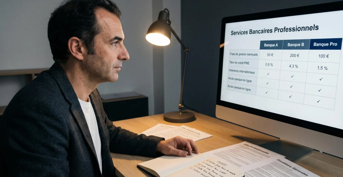 Entrepreneur analysant un tableau comparatif de services bancaires professionnels sur écran, carnet avec checklist de critères de sélection visible