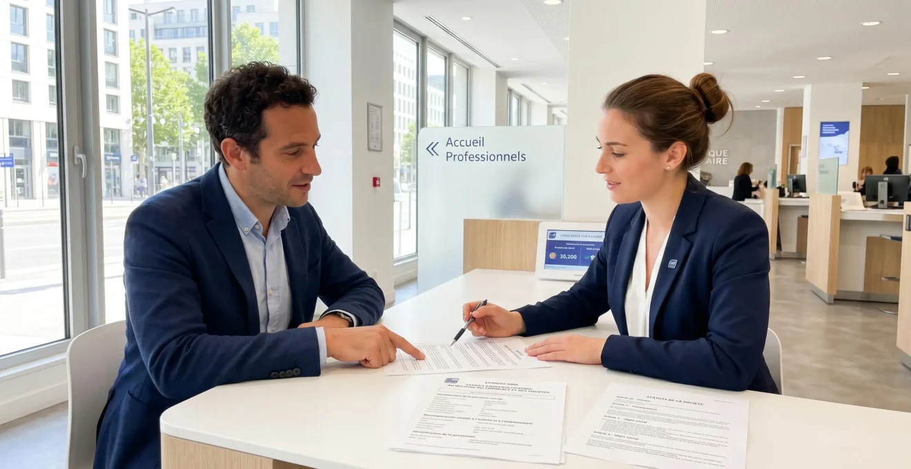 Entrepreneur consultant des documents administratifs avec un conseiller bancaire dans une agence moderne lumineuse, documents officiels visibles sur le comptoir