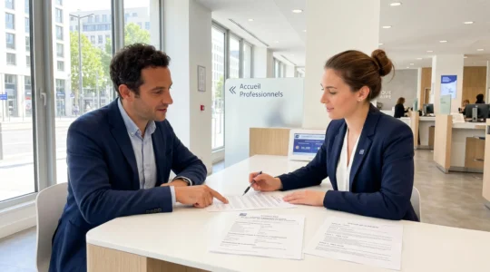 Entrepreneur consultant des documents administratifs avec un conseiller bancaire dans une agence moderne lumineuse, documents officiels visibles sur le comptoir