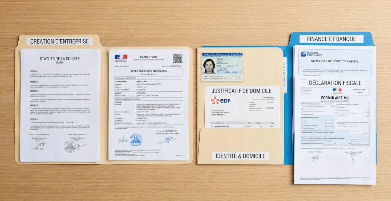 Vue aérienne de documents administratifs français organisés pour ouverture compte professionnel : extrait Kbis, statuts, justificatifs d'identité et de domicile rangés dans chemises étiquetées